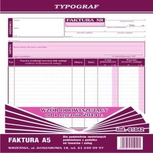 Druk samokopiujący faktura dla podatników zwolnionych podmiotowo z podatku VAT A5 80 kartek pion TYPOGRAF /01042/