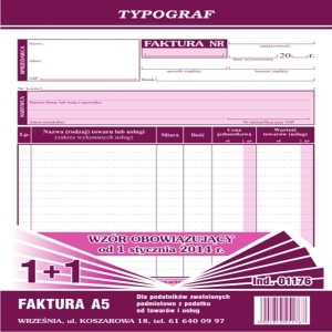 Druk samokopiujący faktura dla podatników zwolnionych podmiotowo z podatku VAT A5 80 kartek 1+1 pion TYPOGRAF /01176/