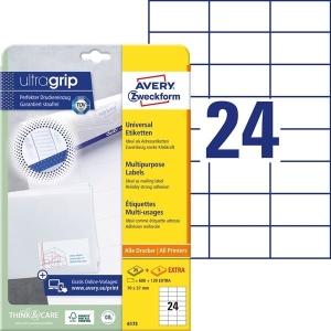 Etykiety Trwałe Uniwersalne Avery Zweckform 70x37, 30ARK 720 Etykiet Białe 25 Arkuszy + 5 Arkuszy EXTRA /6173/