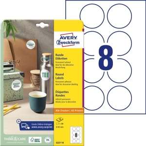 Etykiety papierowe 65mm okrągłe AVERY ZWECKFORM trwałe białe 10 ark 80 etykiet /6227-10/