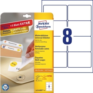 Usuwalne etykiety uniwersalne Avery Zweckform; A4, 30 ark./op., 96 x 63,5 mm, białe + 5 Arkuszy EXTRA /L4745REV-25/