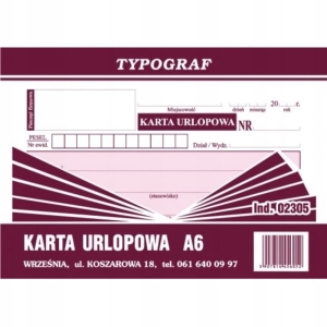 DRUK OFFSETOWY KARTA URLOPOWA A6 80 KARTEK OFFSET 02305 TYPOGRAF