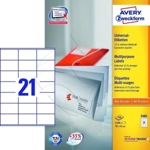 Etykiety trwałe uniwersalne Avery Zweckform; A4, 100 ark./op., 70 x 41 mm, białe /3481/