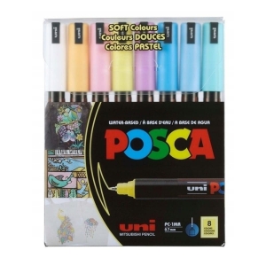 Marker z farbą plakatową igłowy 0,7mm UNI POSCA PC-1MR mix kolorów Soft Colors 8szt. /UNPC1MRSOFT/8C/ /177312/