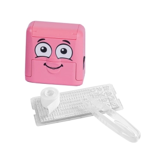 Pieczątka do znakowania ubrań COLOP DIY MARKY 20 wraz z drukarenką z polskimi literami i taśmą do naprasowania poduszka czarna obudowa różowa 1szt.