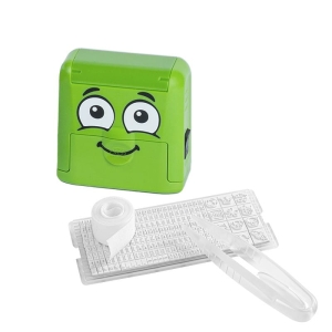 Pieczątka do znakowania ubrań COLOP DIY MARKY 20 wraz z drukarenką z polskimi literami i taśmą do naprasowania poduszka czarna obudowa zielona 1szt.