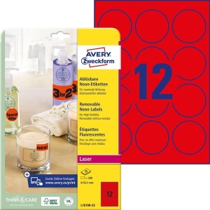 Etykiety usuwalne neonowe Avery Zweckform; A4, 25 ark./op., O63,5 mm, czerwone neonowe /L7670R-25/