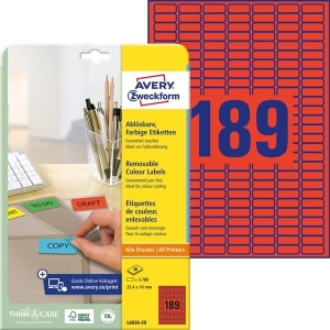Etykiety usuwalne kolorowe Avery Zweckform; A4, 20 ark./op., 25,4 x 10 mm, czerwone /L6036-20/