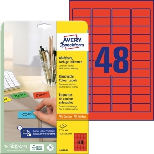 Etykiety usuwalne kolorowe Avery Zweckform; A4, 20 ark./op., 45,7 x 21,2 mm, czerwone /L6038-20/