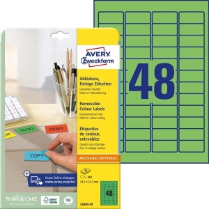 Etykiety usuwalne kolorowe; Avery Zweckform  A4, 20 ark./op., 45,7 x 21,2 mm, zielone /L6040-20/