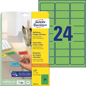 Etykiety usuwalne kolorowe; A4 Avery Zweckform 20 ark./op., 63,5 x 33,9 mm, zielone  / L6033-20/		