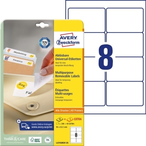 Usuwalne etykiety uniwersalne Avery Zweckform; A4, 30 ark./op., 96 x 63,5 mm, białe /L4745REV-25/