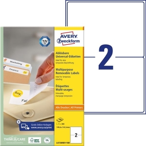 Usuwalne etykiety uniwersalne Avery Zweckform; A4, 100 ark./op., 199,6 x 143,5 mm, białe /L4734REV-100/