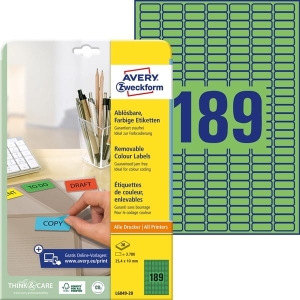 Etykiety usuwalne kolorowe Avery Zweckform; A4, 20 ark./op., 25,4 x 10 mm, zielone /L6049-20/