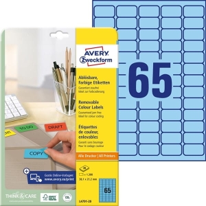 Etykiety usuwalne kolorowe Avery Zweckform; A4, 20 ark./op., 38,1 x 21,2 mm, niebieskie /L4791-20/