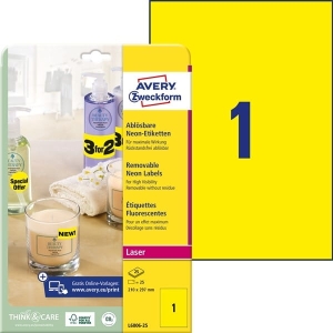 Etykiety usuwalne neonowe Avery Zweckform; A4, 25 ark./op., 210 x 297 mm, żółte neonowe /L6006-25/