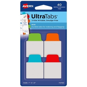 Zakładki indeksujące 25,4x38mm PP 4x10szt. klasyczne AVERY ZWECKFORM ULTRA TABS usuwalne 40szt. /74760/