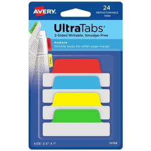 Zakładki indeksujące 63,5x25mm PP 4x6szt. klasyczne AVERY ZWECKFORM ULTRA TABS usuwalne 24szt. /74768/