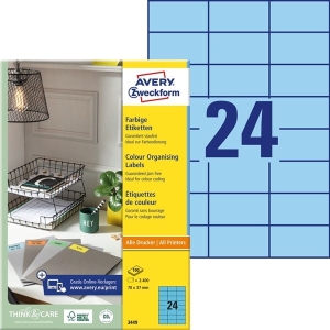 Etykiety trwałe kolorowe Avery Zweckform; A4, 100 ark./op., 70 x 37 mm, niebieskie /3449/