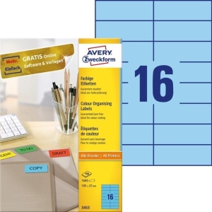 Etykiety trwałe kolorowe Avery Zweckform; A4, 100 ark./op., 105 x 37 mm, niebieskie /3453/
