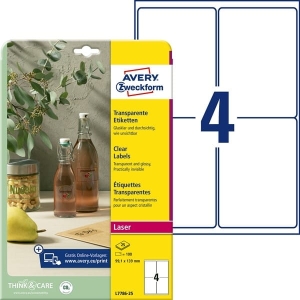 Etykiety poliestrowe 99,1x139 AVERY ZWECKFORM trwałe transparentne 25ark 100 etykiet /L7786-25/