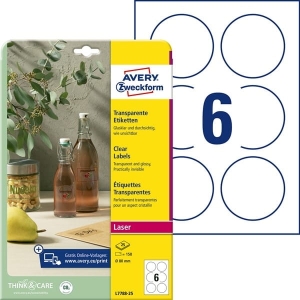 Etykiety poliestrowe 80mm okrągłe wodoodporne AVERY ZWECKFORM trwałe transparentne 25 arkuszy 150 etykiet /L7788-25/