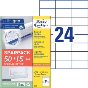 Etykiety papierowe 70X37 białe AVERY ZWECKFORM ULTRA GRIP trwałe 50+15ark 1560 etykiet /6605/