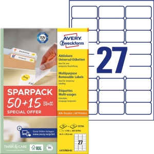 Etykiety papierowe  63,5x29,6mm białe AVERY ZWECKFORM ULTRA GRIP usuwalne 50+15ark 65 etykiet /L4737REV-65/
