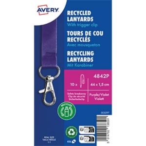 Smycz do identyfikatorów AVERY ZWECKFORM z zapięciem zabezpieczającym z karabińczykiem z recyklingowanego PET fioletowa 10szt.