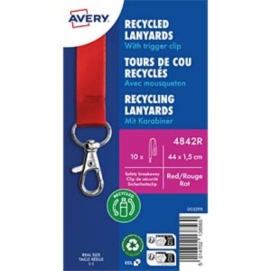Smycz do identyfikatorów AVERY ZWECKFORM z zapięciem zabezpieczającym z karabińczykiem z recyklingowanego PET czerwona 10szt.