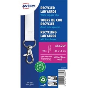 Smycz do identyfikatorów AVERY ZWECKFORM z zapięciem zabezpieczającym z karabińczykiem z recyklingowanego PET biała 10szt.