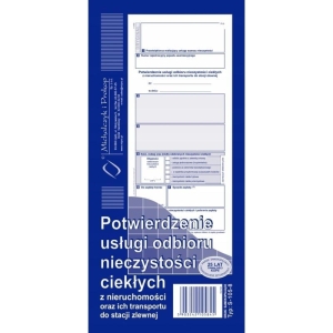 Druk potwierdzenie usługi odbioru nieczystości ciekłych oraz ich transportu do zlewni 1/3 A4 80 kartek oryginał + kopia MICHALCZYK I PROKOP