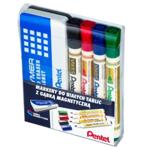 Marker suchościeralny okrągły 1,9mm PENTEL MW85 4 kolory + gąbka magnetyczna