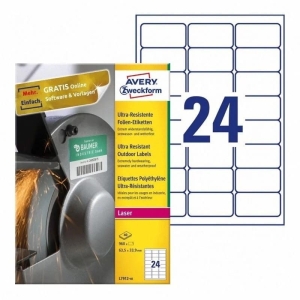 Etykiety foliowe polietylenowe 63,5x33,9mm AVERY ZWECKFORM wodoodporne ultra resistant 40ark 960etykiet białe matowe