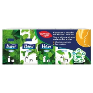 Chusteczki higieniczne VELVET eukaliptus/mentol 4-warstwowe folia 10x10szt.