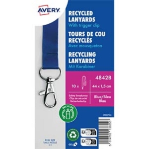 Smycz do identyfikatorów AVERY ZWECKFORM z zapięciem zabezpieczającym z karabińczykiem z recyklingowanego PET niebieska 10szt.