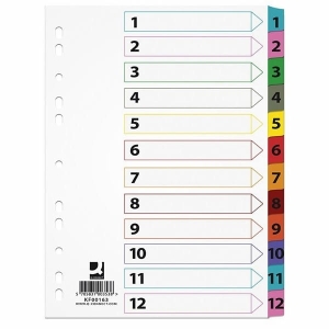 Przekładki Q-CONNECT Mylar kartonowe A4, 1-12, 12 kart /KF00163/