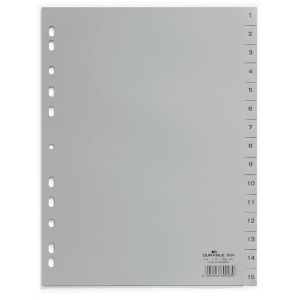 Przekładki A4 wykonane z PP nadrukowane indeksy 1-15 szare 15 części 652410